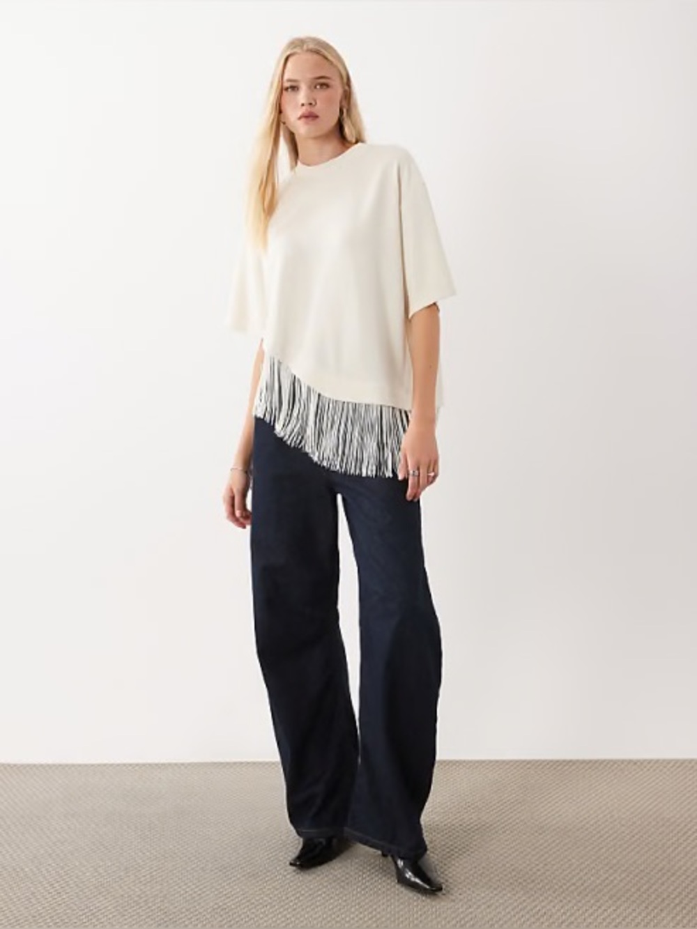 ASOS Design premium oversized asymmetric t-shirt with fringe detailing in cream